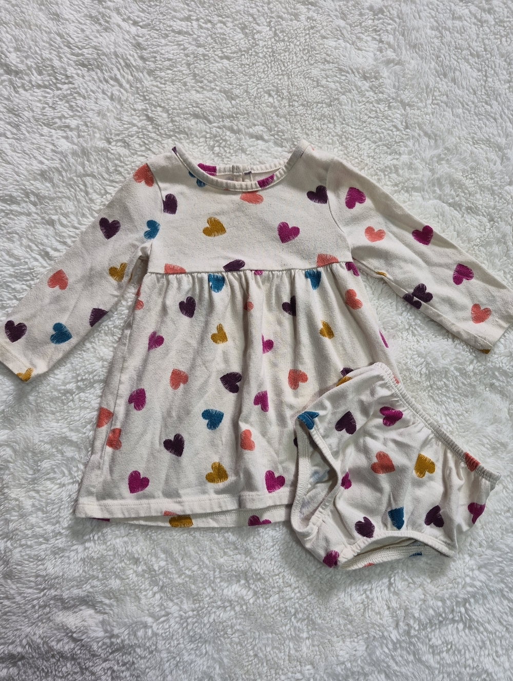 12 Month Cream Heart Print Long Sleeve Dress & Bloomer Set